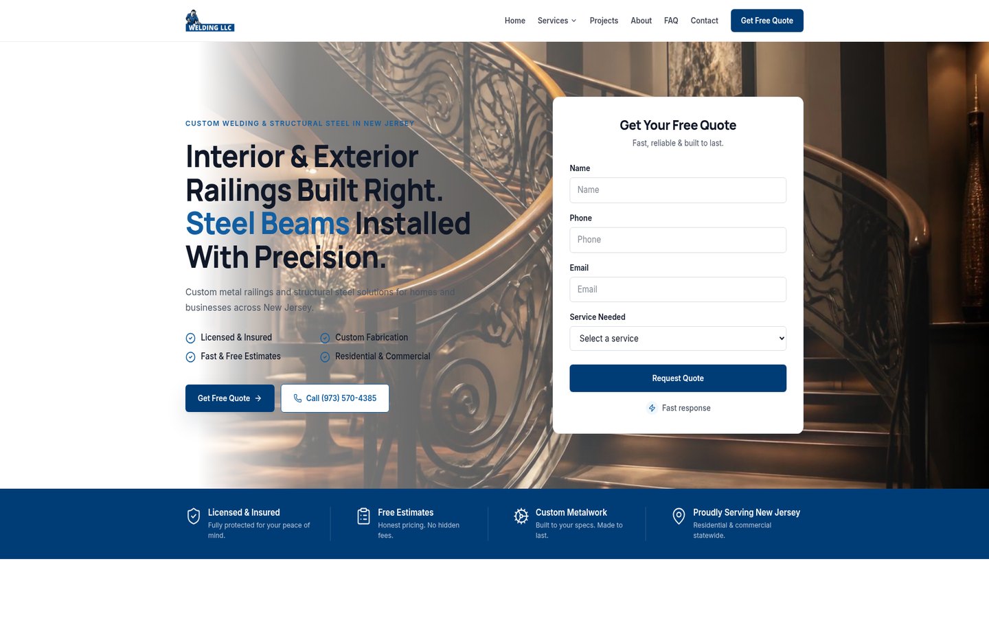 Arapi Welding website homepage showing custom railings and metal fabrication services