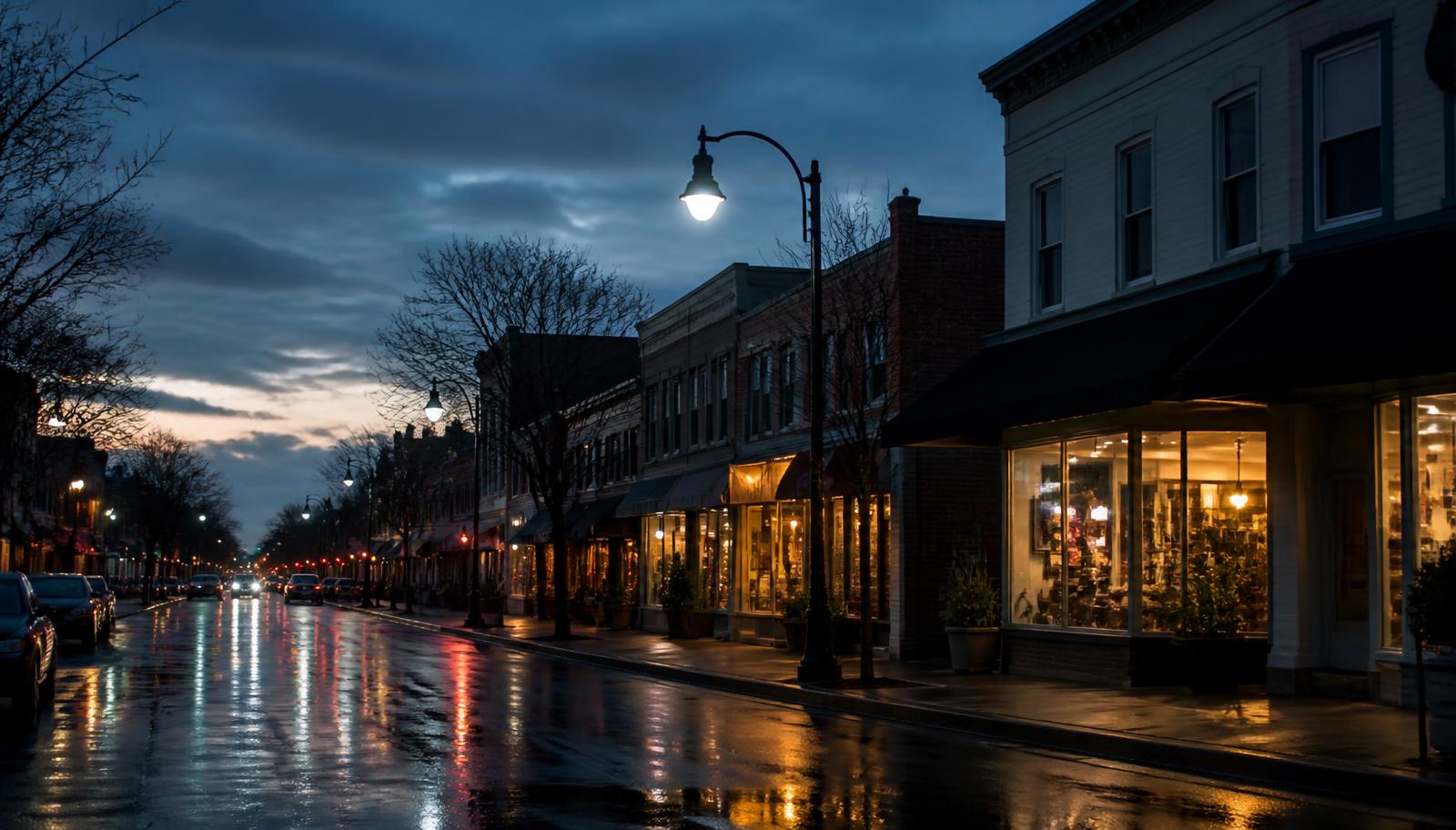 New Jersey main street of small storefronts glowing at dusk after rain