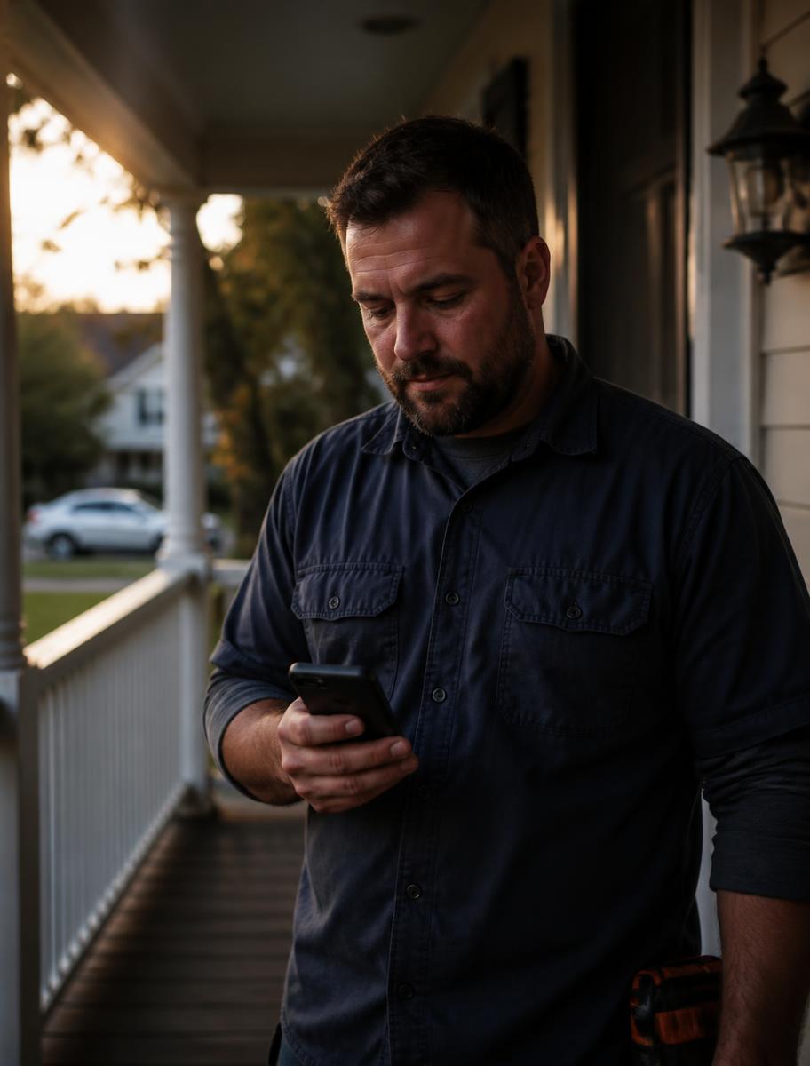 Home services contractor taking a customer call on a New Jersey porch at dusk